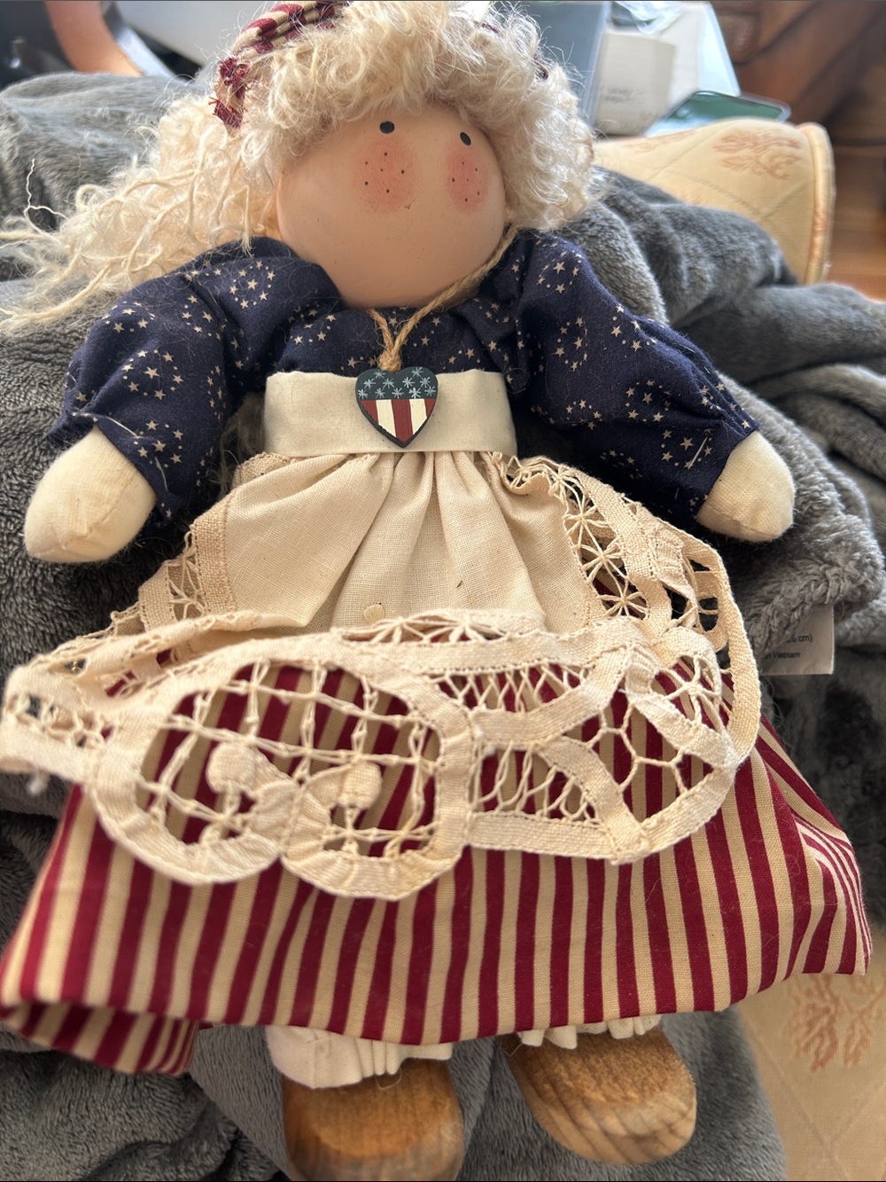 Handmade Americana Shelf Sitter wooden Doll - Navy, Red & Cream Kids Toy